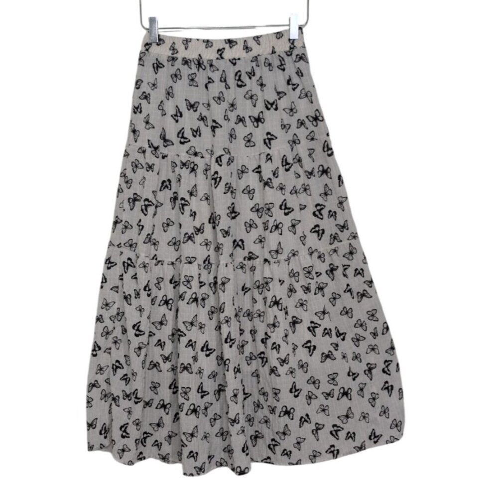 Ana & Rose Butterfly Maxi Skirt Womens Size Medium White Black Tiered Pull On